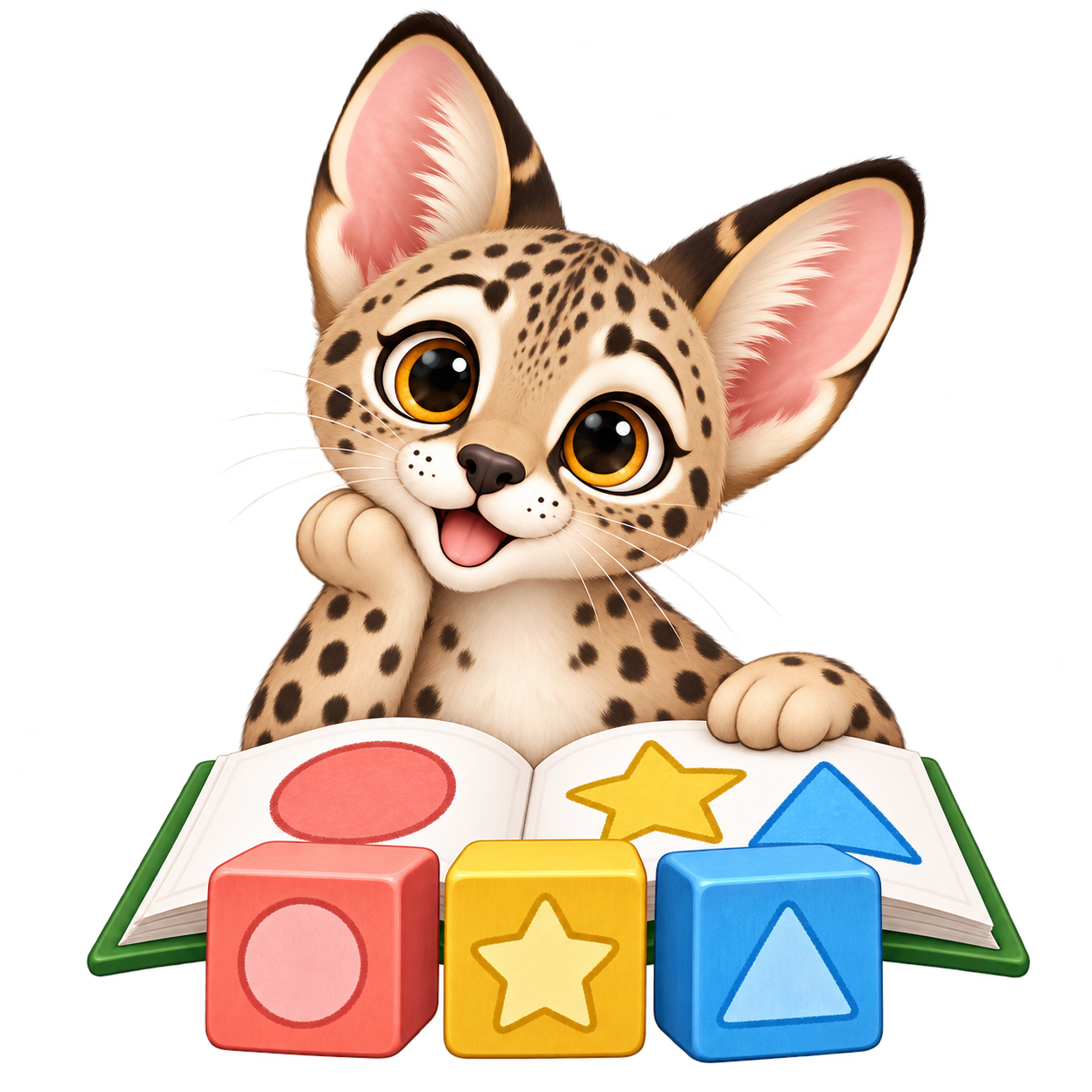 Fury with an open activity book and three colorful shape blocks
