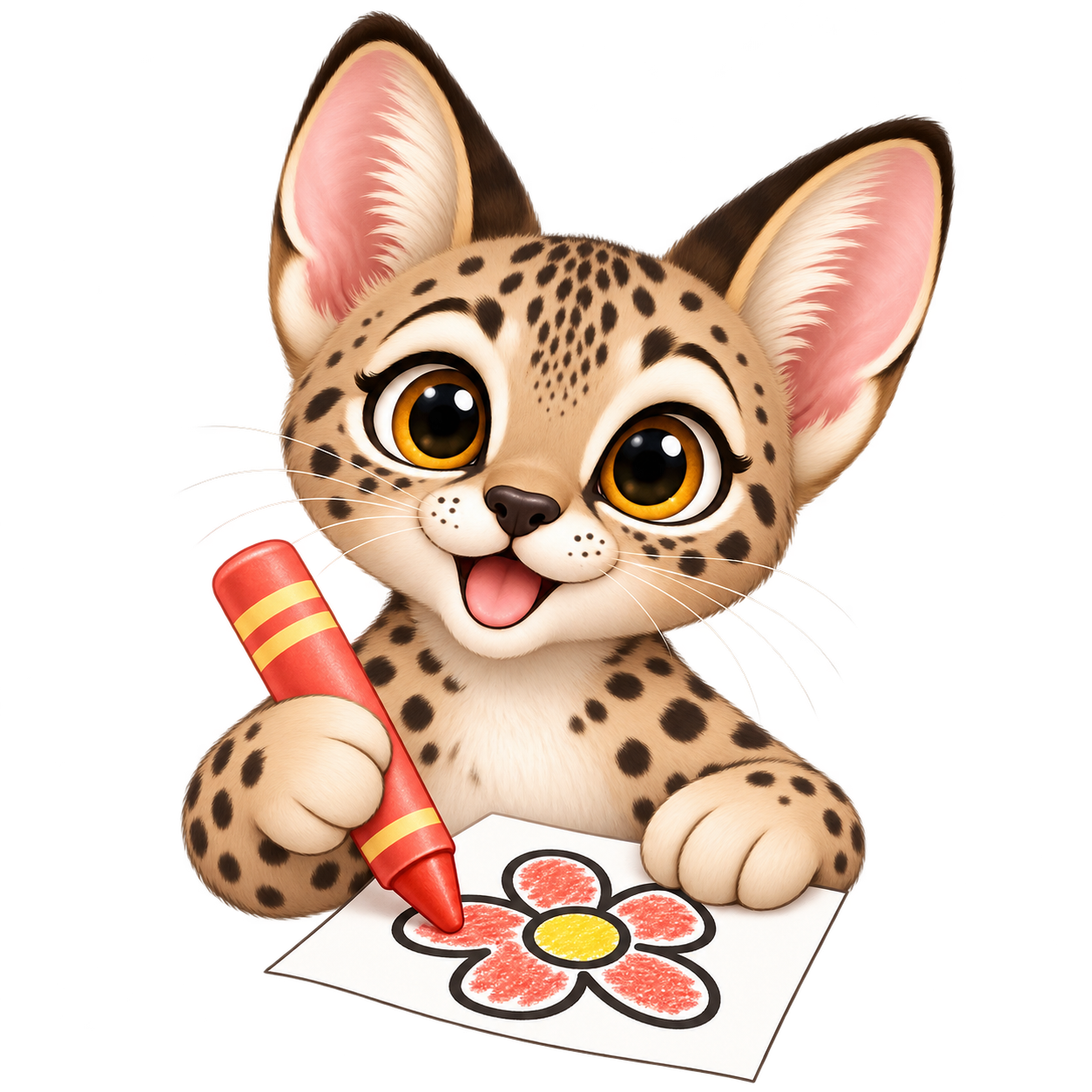 Fury coloring a flower with a coral crayon
