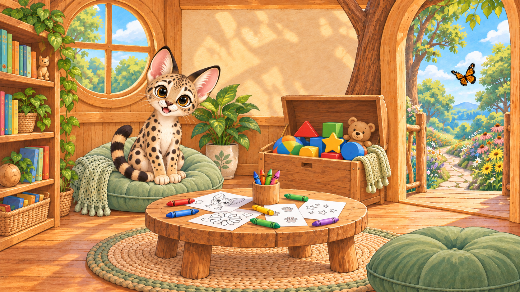 Fury sits on her green cushion in her sunny treehouse with a bookcase, activity table, toy chest, and open adventure door