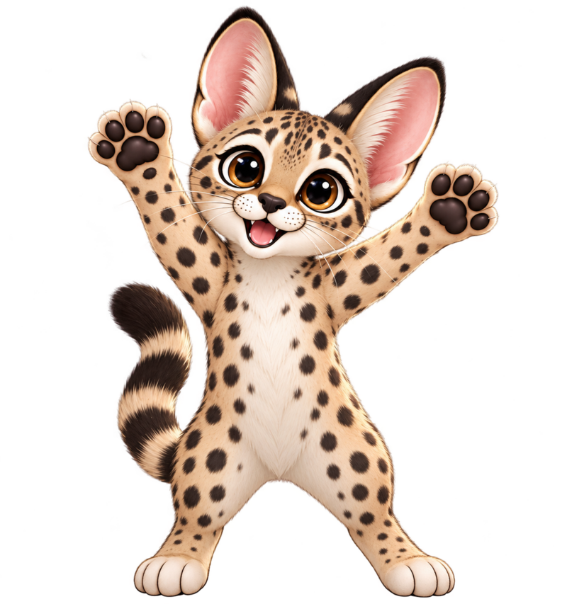 Fury faces the reader with both paws raised in her Paws Up pose