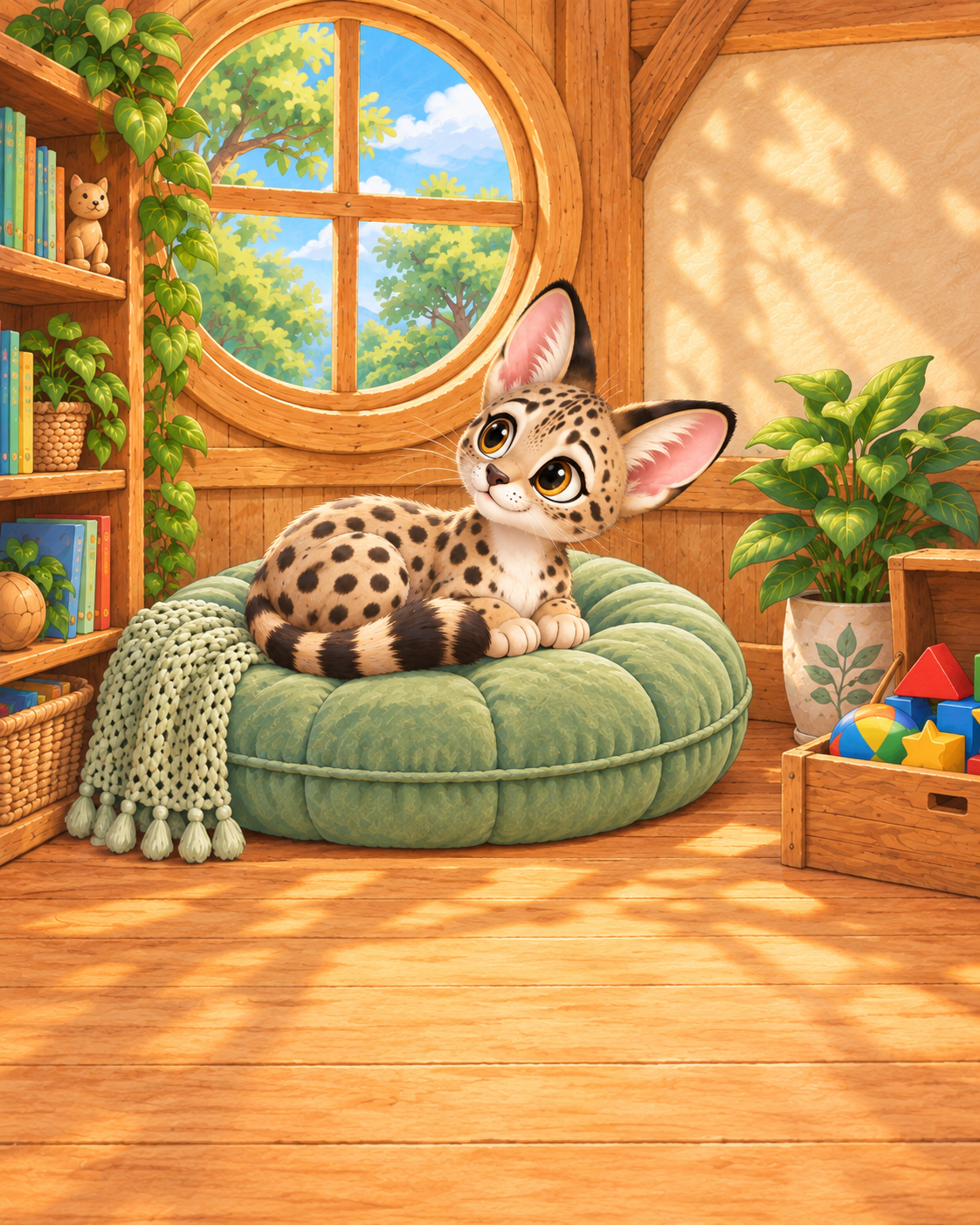 Fury listens by her round treehouse window