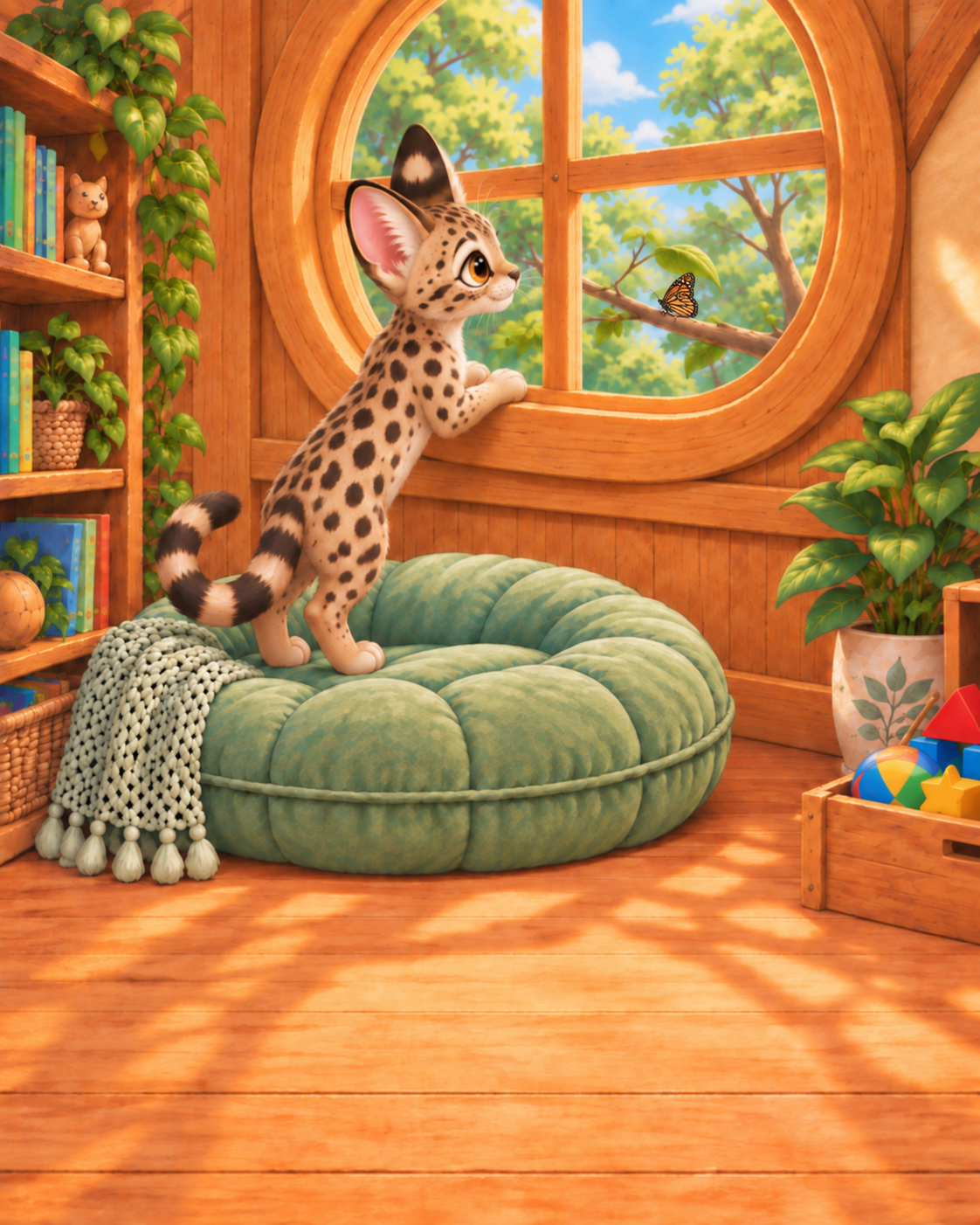 Fury looks through the window toward a leafy branch where her butterfly friend is resting