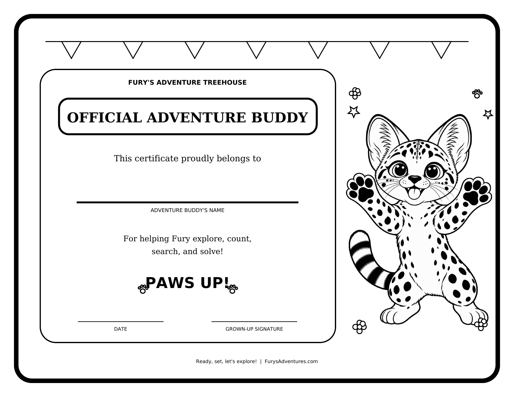 Black-and-white coloring version of the Adventure Buddy certificate