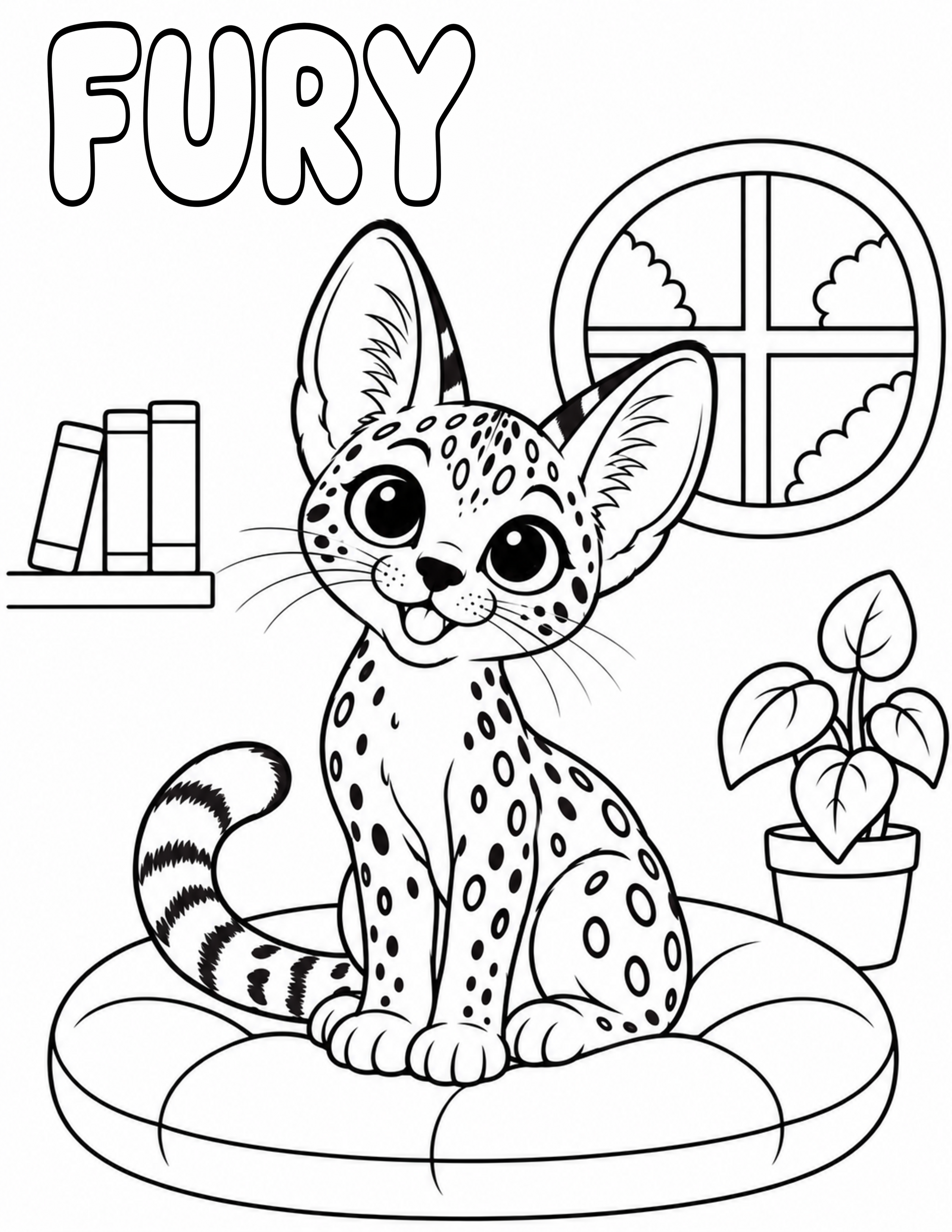 Preview of the Meet Fury coloring page with Fury sitting on her cushion beneath large bubble letters