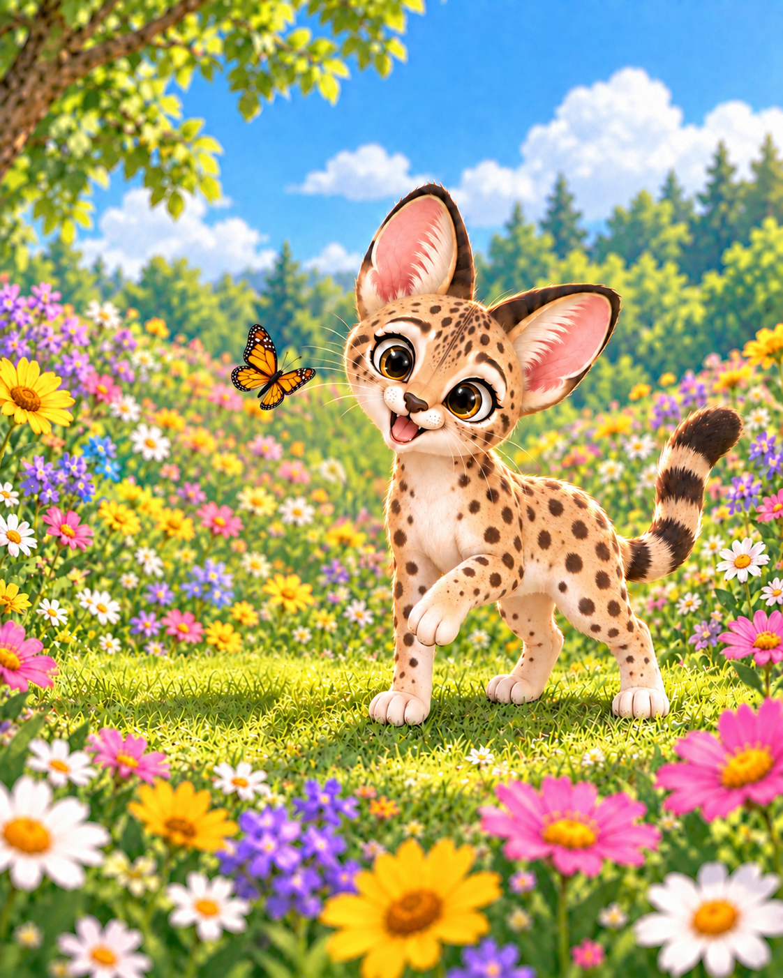 Fury meets a butterfly among the flowers